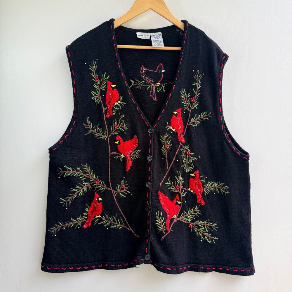 Vintage Ugly Christmas Cardinal Embroidered Sweater Knit Vest Size 22W/24W 3XL